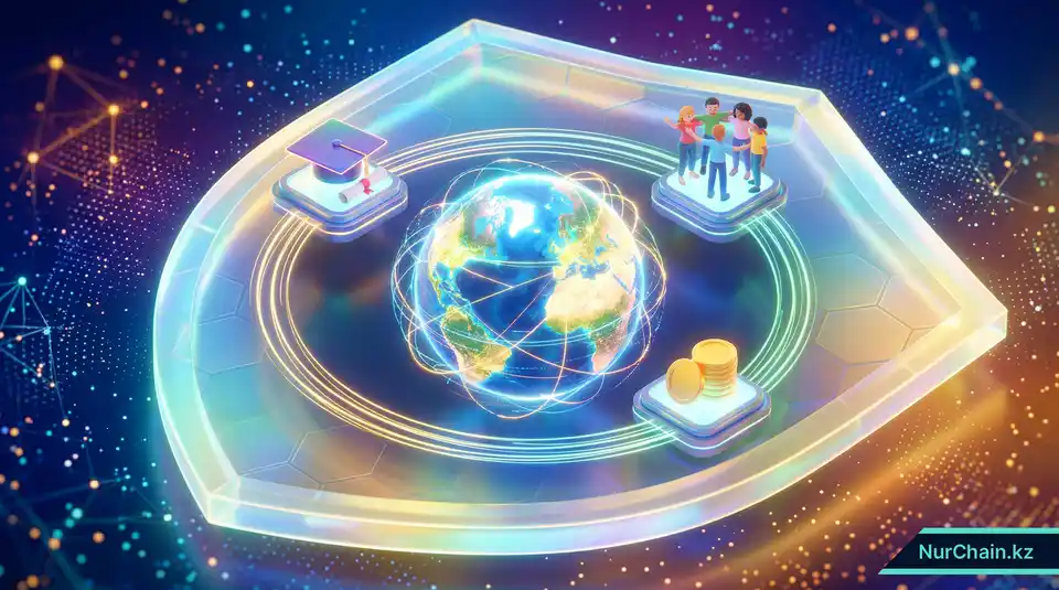 Итоговая 3D-графика, изображающая защищенный земной шар и унифицированные академические иконки, символизирующие защиту академической честности в долгосрочной перспективе.