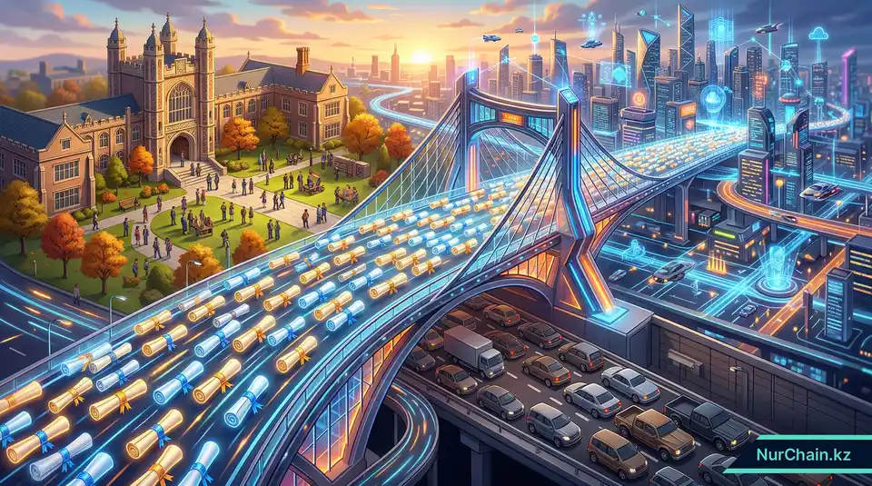 3D-изометрическая иллюстрация цифрового моста, обеспечивающего массовый поток дипломов из университета в цифровой город, что олицетворяет масштабируемость блокчейна.