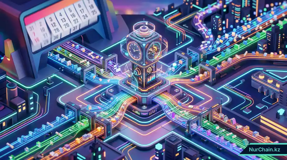 Изометрический вид академических документов, проходящих через высокоскоростные сортировочные шлюзы вокруг часов, что символизирует высокую пропускную способность в сезон выпускных.