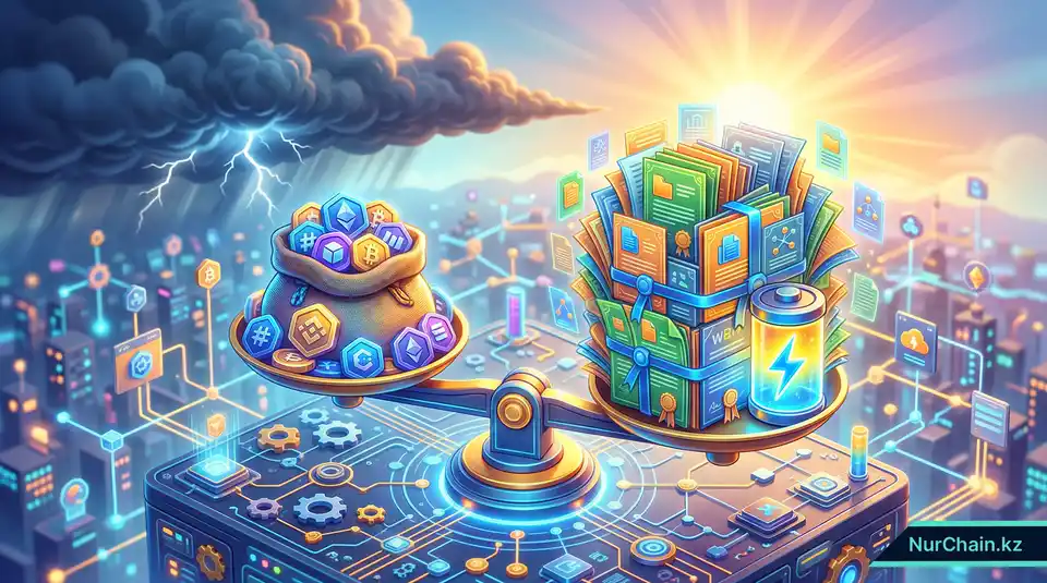 3D-весы, уравновешивающие цифровые затраты и массивные пачки документов, иллюстрирующие управление комиссиями за газ при выпуске дипломов на блокчейне.