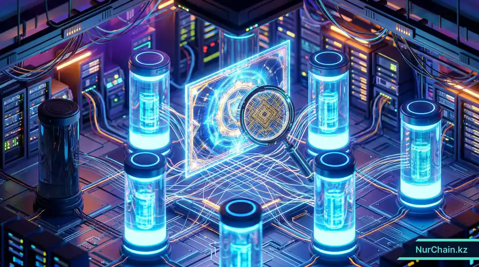 3D-серверная с взаимосвязанными светящимися колоннами, защищающими голографический диплом, что представляет стабильность сети и целостность данных.