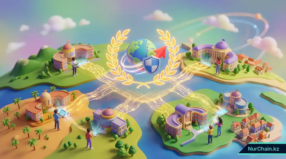 Итоговая инфографика глобального цифрового академического фундамента с иконками доверия, безопасности и международной мобильности.