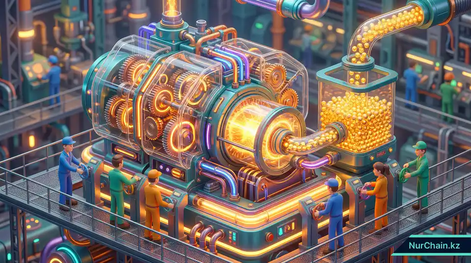 3D-инфографика децентрализованного управления и устойчивых моделей финансирования для обеспечения жизнеспособности блокчейна.