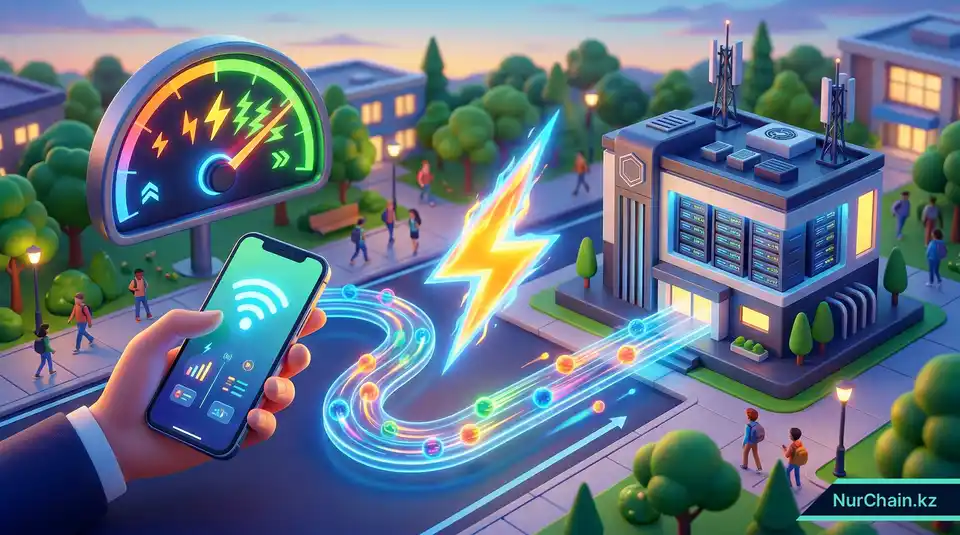 Трехмерная графика, демонстрирующая молниеносную передачу данных между пользователем и сервером местного университета, иллюстрирующая низкую задержку и высокую производительность.