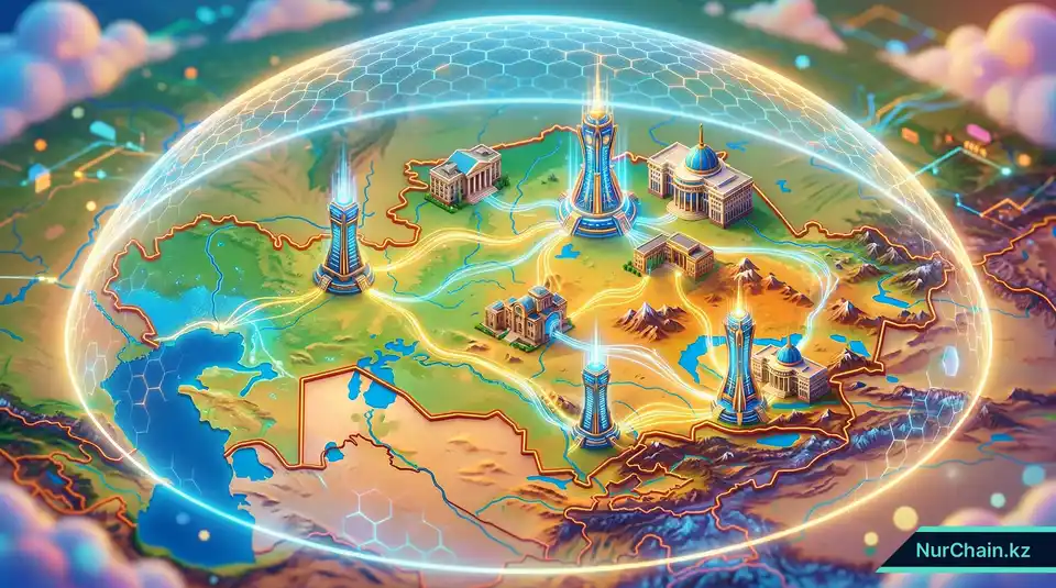Трехмерная инфографика, изображающая локальные блокчейн-узлы, размещенные в университетах Казахстана и соединенные светящимися потоками данных на карте страны.