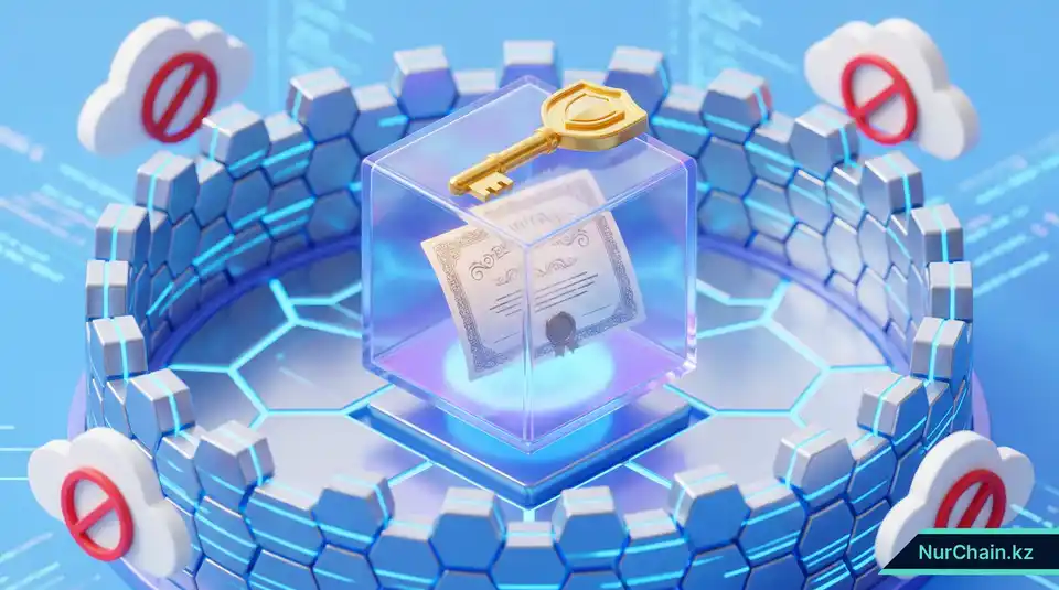 Трехмерная иллюстрация цифрового документа, защищенного стеной национальной крепости, что символизирует суверенитет данных и местную юрисдикцию.