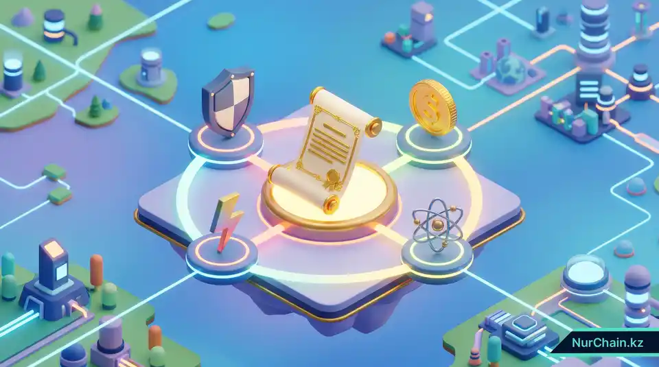 Итоговая трехмерная инфографика, показывающая четыре основных столпа национальной интеграции блокчейна вокруг центрального образовательного документа.