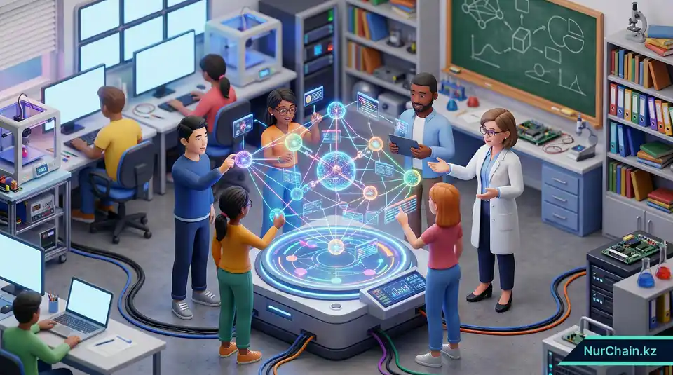 Трехмерная сцена, на которой исследователи и студенты университета взаимодействуют с голографической моделью блокчейна в высокотехнологичной инновационной лаборатории.