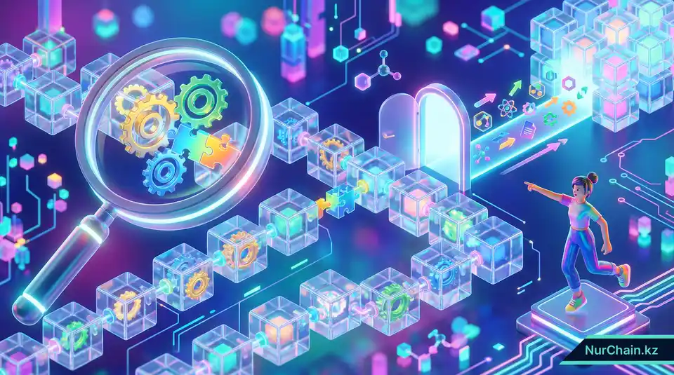 3D-инфографика, показывающая процесс оценки блокчейн-провайдеров с акцентом на совместимость и миграцию данных.