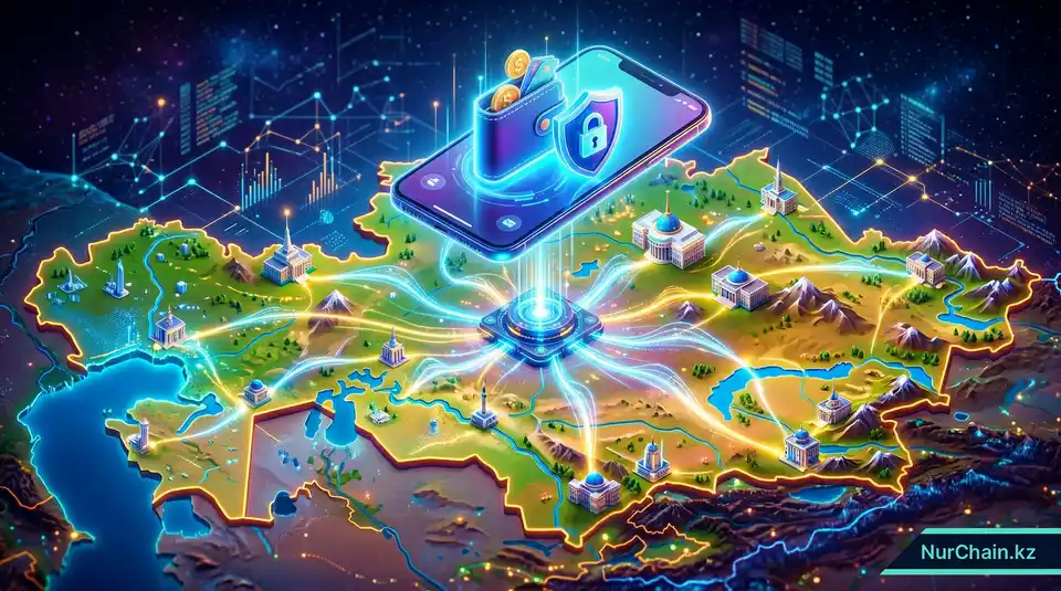 3D-карта Казахстана, показывающая единую цифровую образовательную сеть, подключенную к мобильному кошельку идентификации.