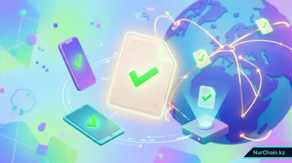 Цифровой документ, перемещающийся между различными устройствами и глобальной сетью, иллюстрирующий мобильность данных благодаря открытым стандартам.