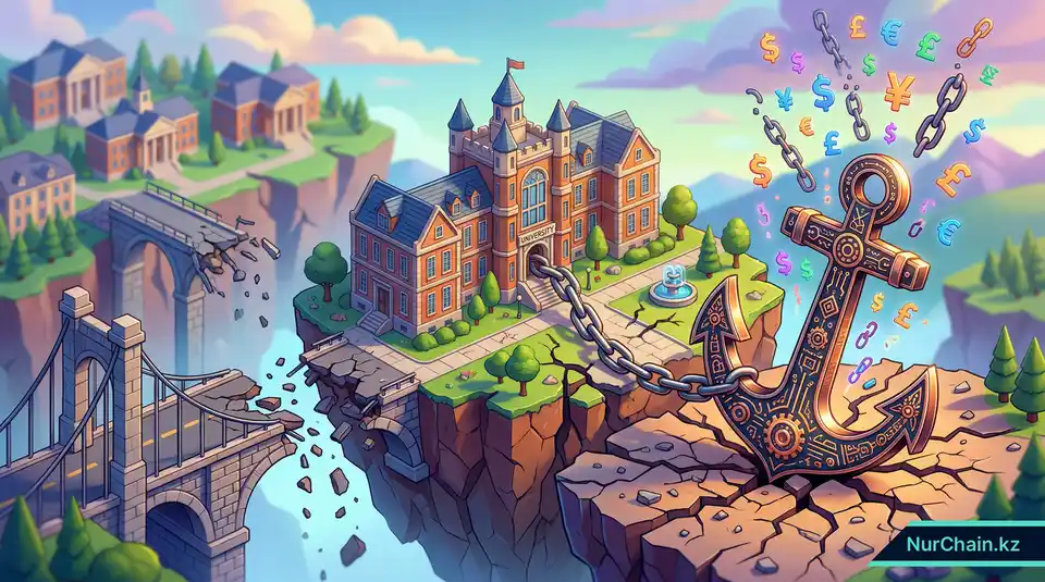 3D-иллюстрация здания университета, привязанного якорем к одному вендору, что демонстрирует риски изоляции и финансовых долгов.