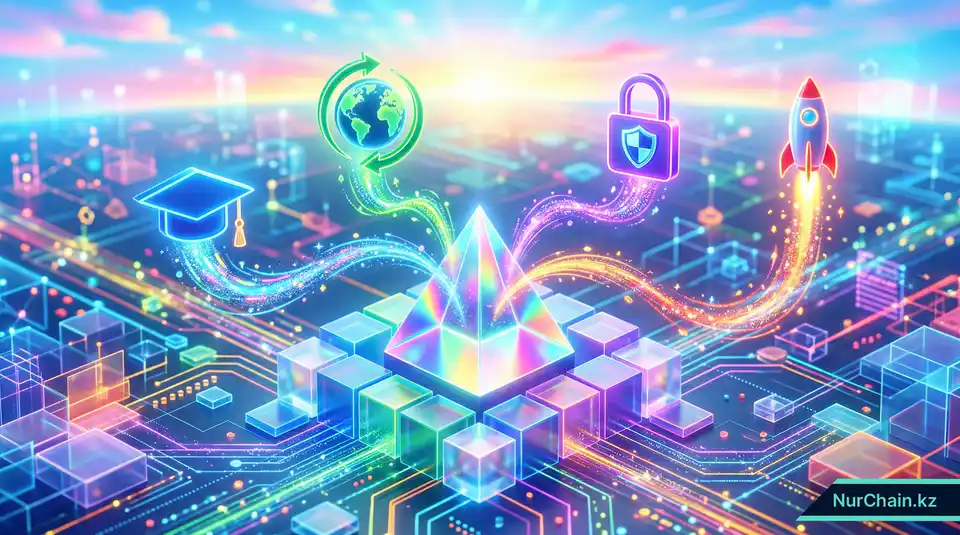 Итоговая 3D-инфографика, изображающая призму потоков данных, символизирующих безопасность, мобильность и долговечность документов.