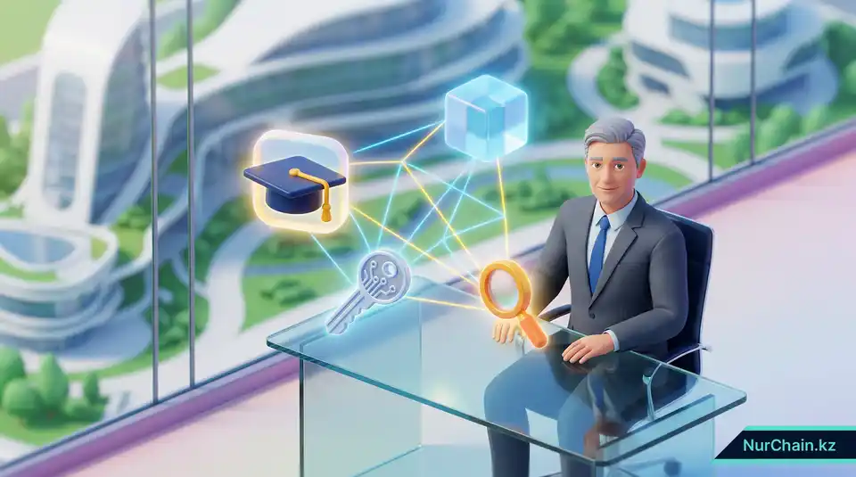 Администратор университета просматривает голографический 3D-глоссарий с иконками блокчейна, представляющими образовательные технологии и управление записями.