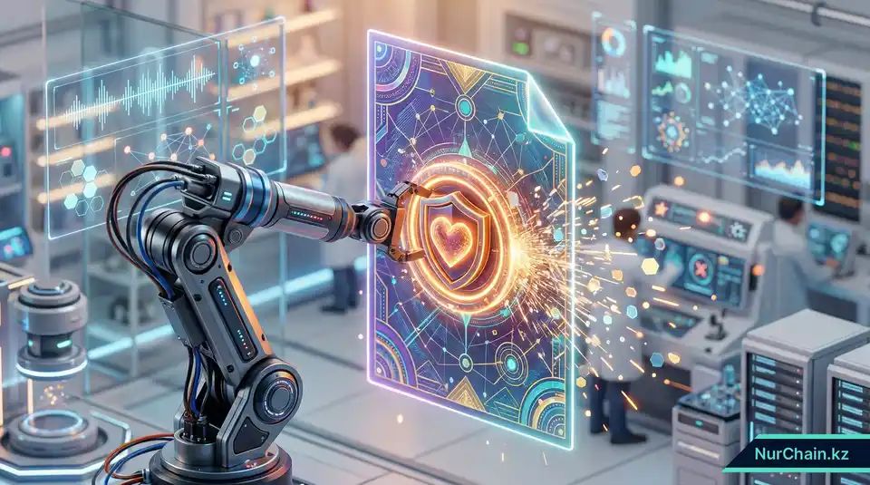 3D-визуализация процесса выпуска (минтинга) цифровых образовательных документов и Soulbound-токенов (SBT) с помощью роборуки.