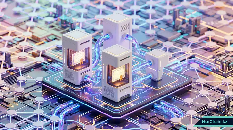 3D-иллюстрация взаимосвязанных серверов, представляющих децентрализованную блокчейн-инфраструктуру для защиты образовательных данных.