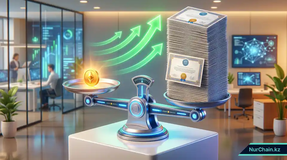 3D-инфографика, демонстрирующая низкую стоимость и высокую масштабируемость массового выпуска цифровых дипломов на блокчейне.