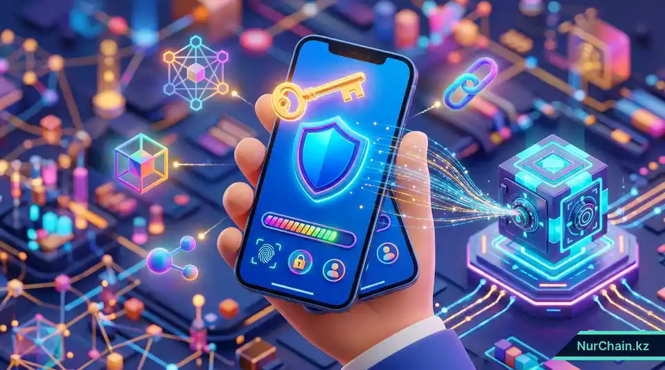 Цифровой кошелек на смартфоне с символами безопасности, представляющий управление идентификацией, приватные ключи и конфиденциальность данных.