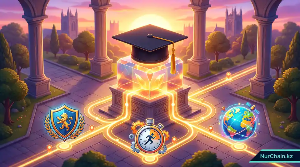 Итоговая 3D-иллюстрация, изображающая академическую шапочку на блоке блокчейна, что символизирует будущее академической честности и глобальной мобильности.