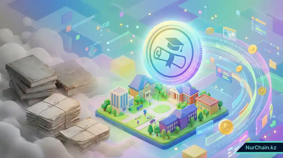 3D изометрическая иллюстрация, показывающая переход от традиционных бумажных записей к современным NFT дипломам с растущей цифровой ценностью.