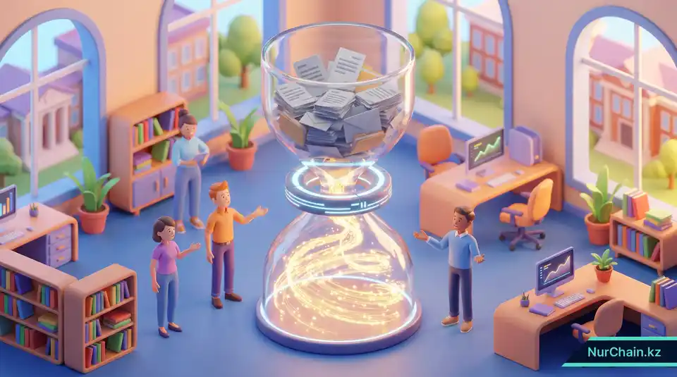 3D визуализация процесса автоматизированной верификации, превращающего горы бумаг в эффективные цифровые данные для экономии времени персонала.