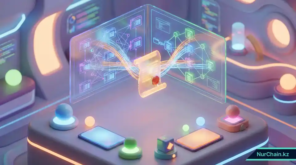 3D visualization of blockchain software development for universities, featuring holographic smart contracts and network blueprints.