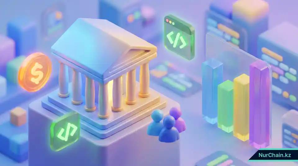 A 3D isometric overview of university NFT implementation costs featuring a university building, budget icons, and growth charts.