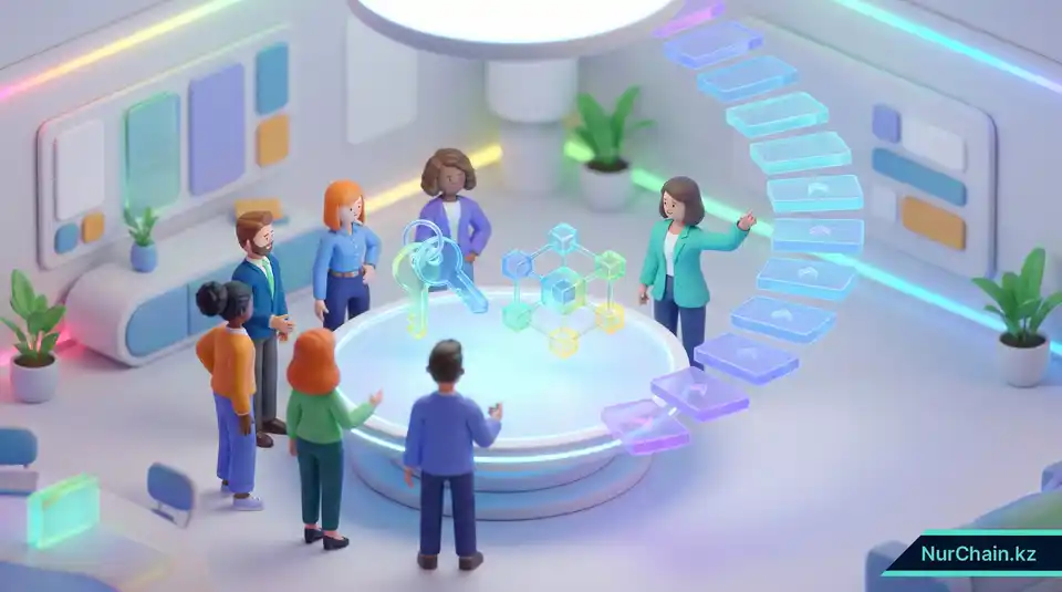 University staff participating in a 3D holographic training session for blockchain and digital credential management.