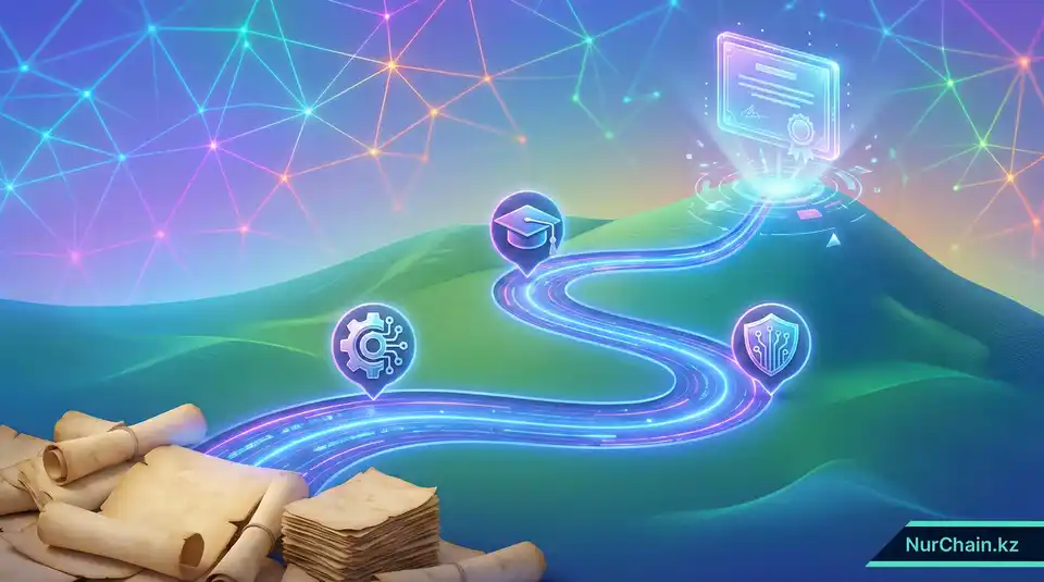 3D conceptual roadmap showing the financial and technical journey from paper diplomas to secure digital credentials.