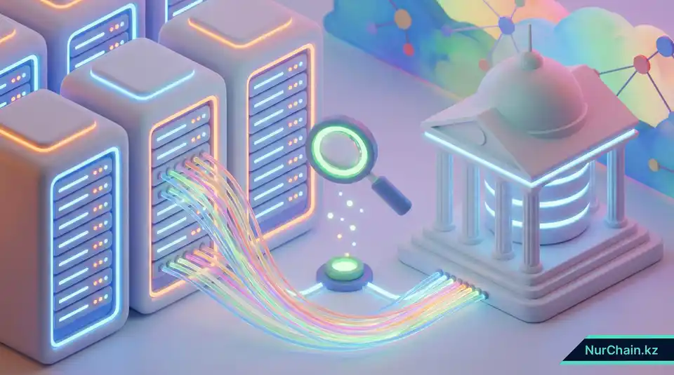 3D isometric server room showing the integration of blockchain technology with traditional university database systems.