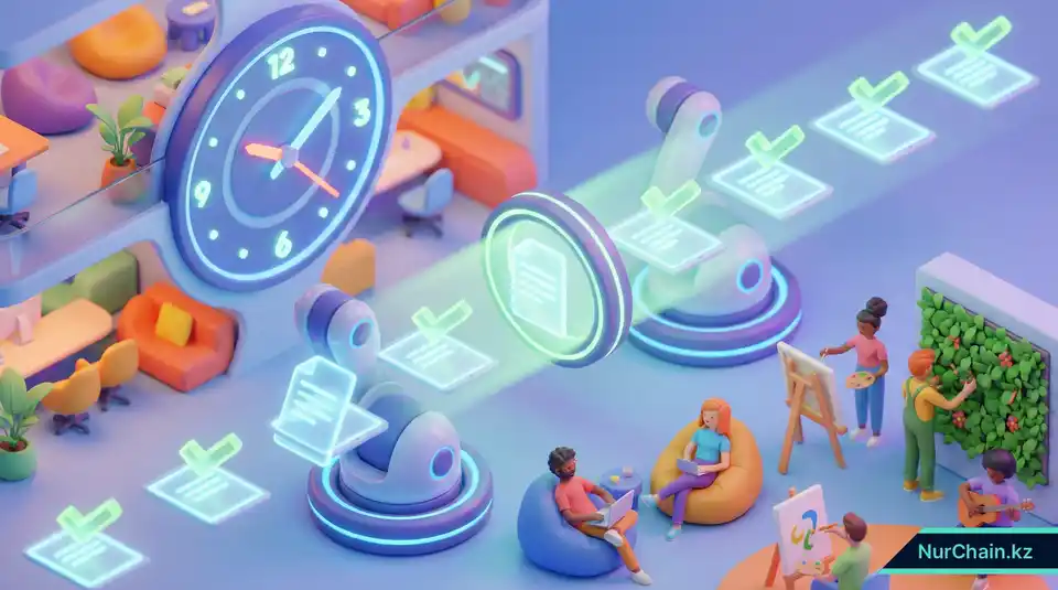 3D-роботизированная рука, мгновенно сканирующая цифровые документы, что символизирует сокращение административных трудозатрат.