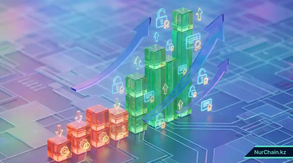 3D-гистограмма, демонстрирующая масштабируемость и экономическую эффективность цифровых документов по мере роста их количества.