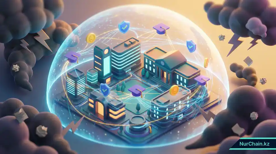 3D-иллюстрация футуристического здания университета внутри цифрового защитного купола, символизирующая бюджеты, защищенные от рисков будущего.