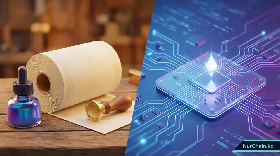 3D-сравнение физических материалов для производства, таких как защищенная бумага и чернила, с искрой цифрового узла блокчейна.