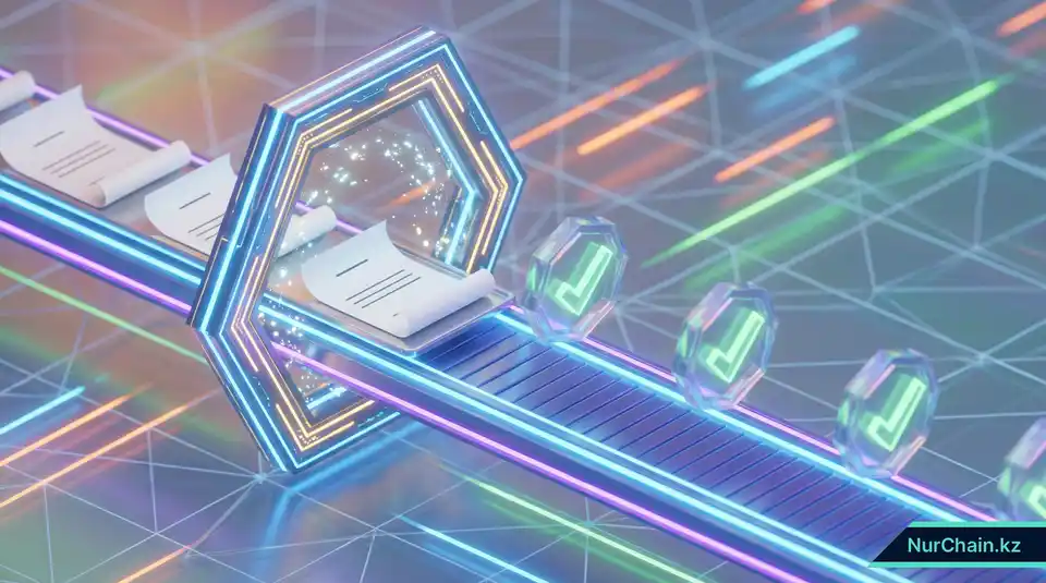 3D-рендер цифрового процесса преобразования бумажных дипломов в защищенные NFT-документы с мгновенной верификацией.