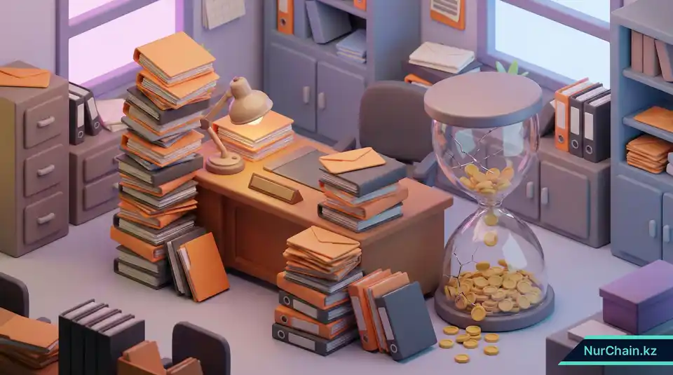 Изометрический вид заваленного бумагами рабочего стола и протекающих песочных часов, символизирующих затраты на ручную верификацию.