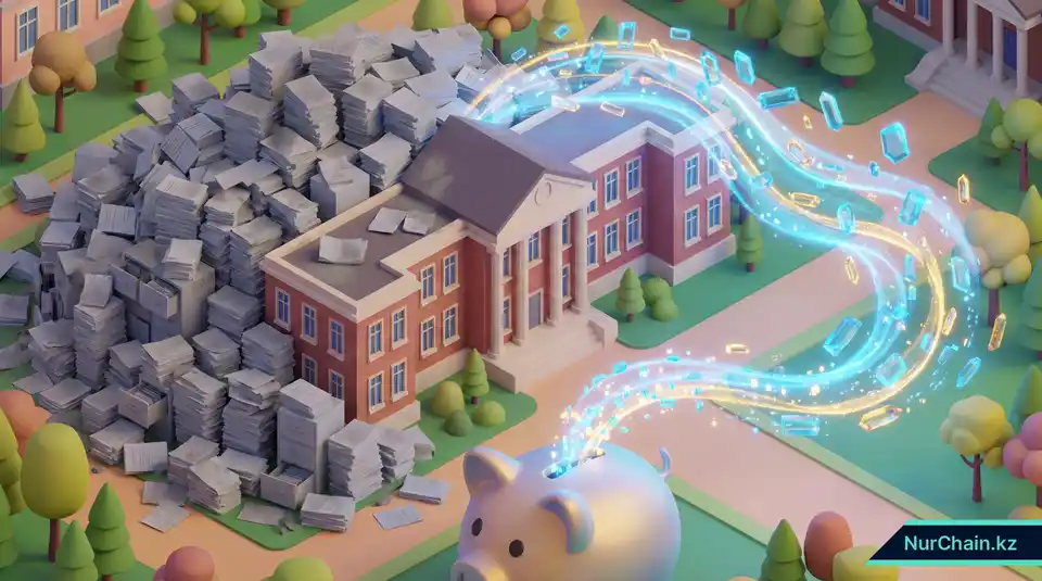 3D-визуализация, показывающая переход университета от огромного объема бумажной работы к эффективной автоматизированной цифровой системе.