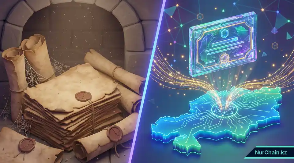 3D-иллюстрация, противопоставляющая традиционные бумажные дипломы современным цифровым NFT-документам для государственных университетов Казахстана.