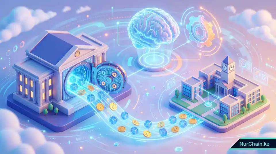 3D-визуализация распределения государственного бюджета Казахстана на инициативы по цифровизации вузов и внедрению ИИ в 2026 году.