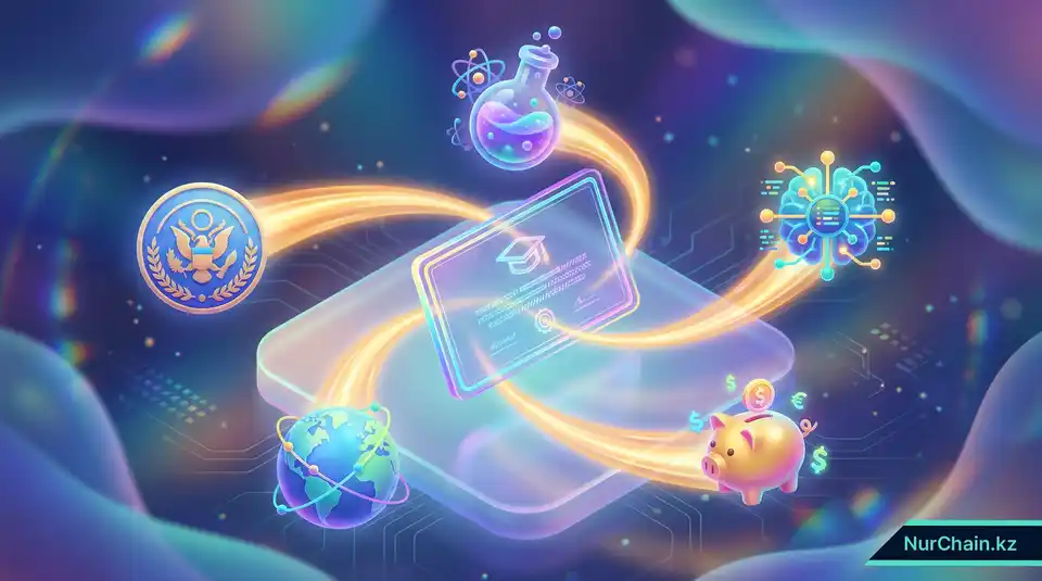 Итоговая 3D-инфографика, демонстрирующая единую модель финансирования защищенных, всемирно признанных цифровых документов в Казахстане.