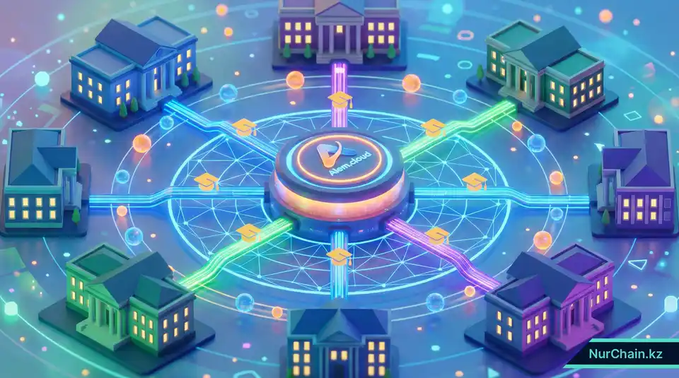 3D-модель цифровой сети, показывающая интеграцию университетских систем с Единой платформой высшего образования и национальным суперкомпьютерным хабом.