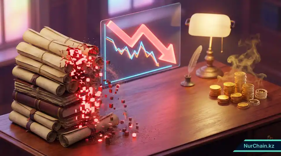 3D-изображение финансовых потерь и падающих показателей после скандала с дипломами в университете, с уменьшающейся стопкой золотых монет.