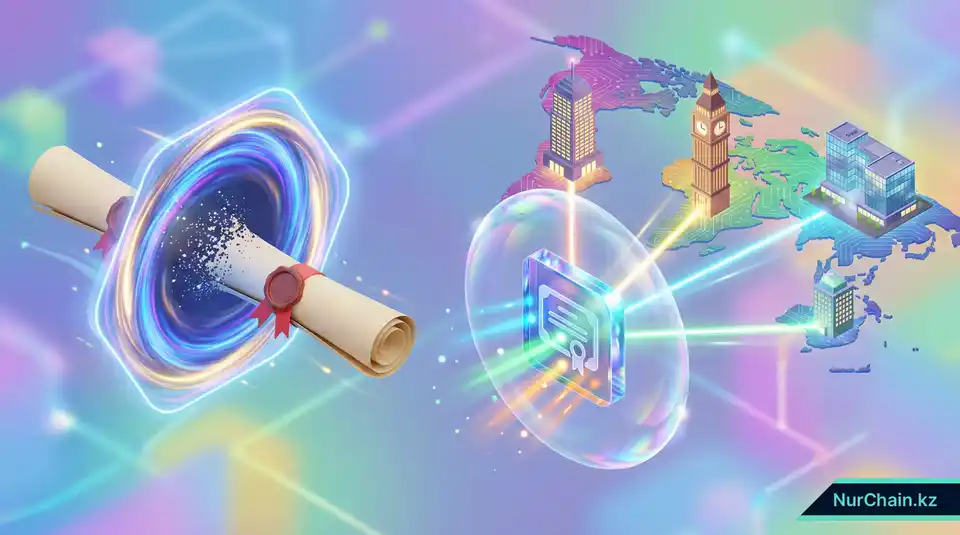 3D-визуализация превращения бумажного диплома в защищенный NFT-токен через цифровой портал, подчеркивающая репутационный ROI.