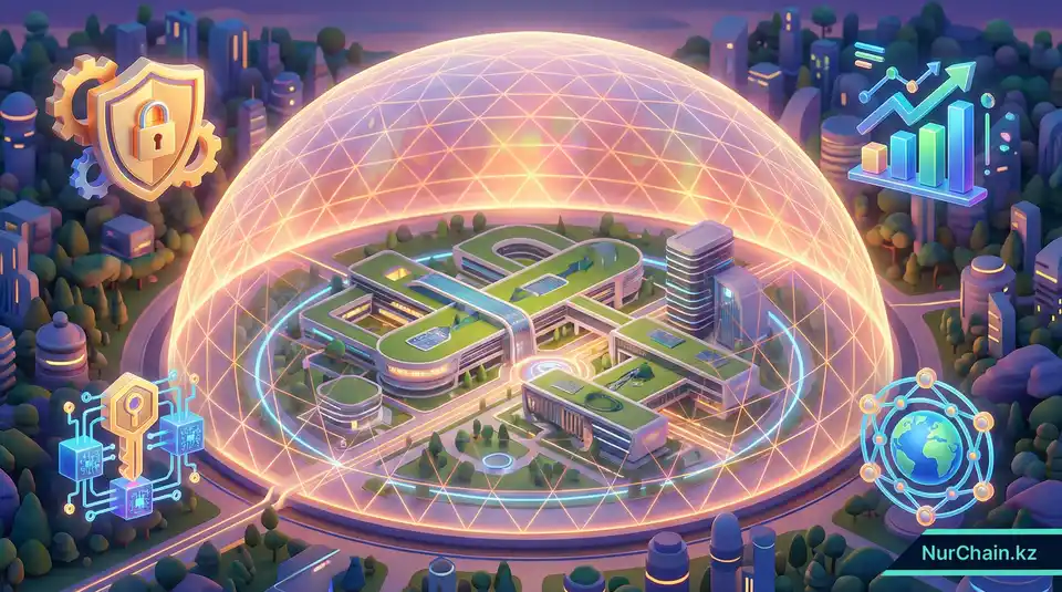 Итоговое 3D-изображение защищенного университетского кампуса под цифровым куполом с иконками безопасности, доверия и роста.