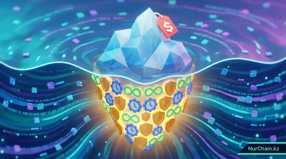 Цифровой айсберг, показывающий видимые первоначальные затраты и массивное светящееся основание, представляющее долгосрочную ценность и окупаемость инвестиций (ROI).