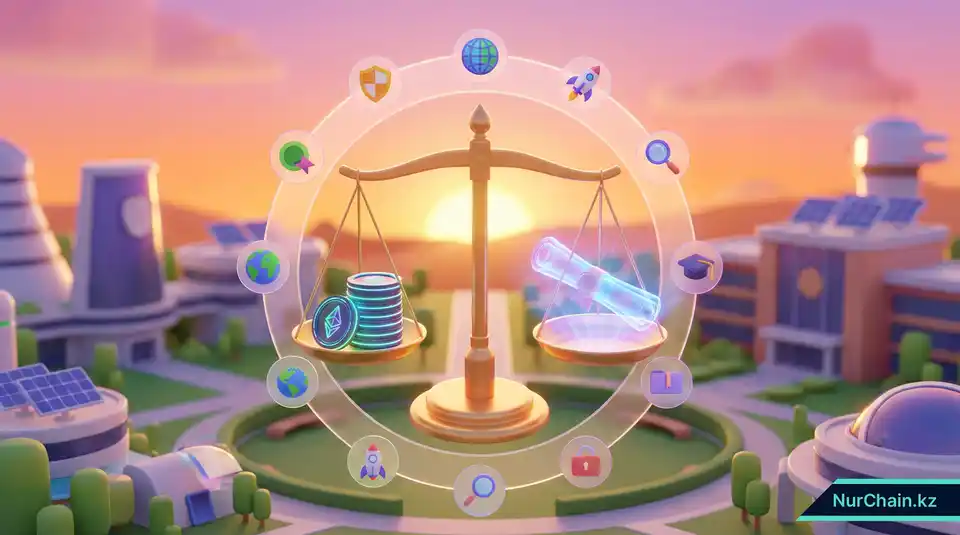 Сбалансированные 3D-весы с цифровой валютой и свитком диплома, представляющие идеальный баланс стоимости и ценности для учебных заведений.