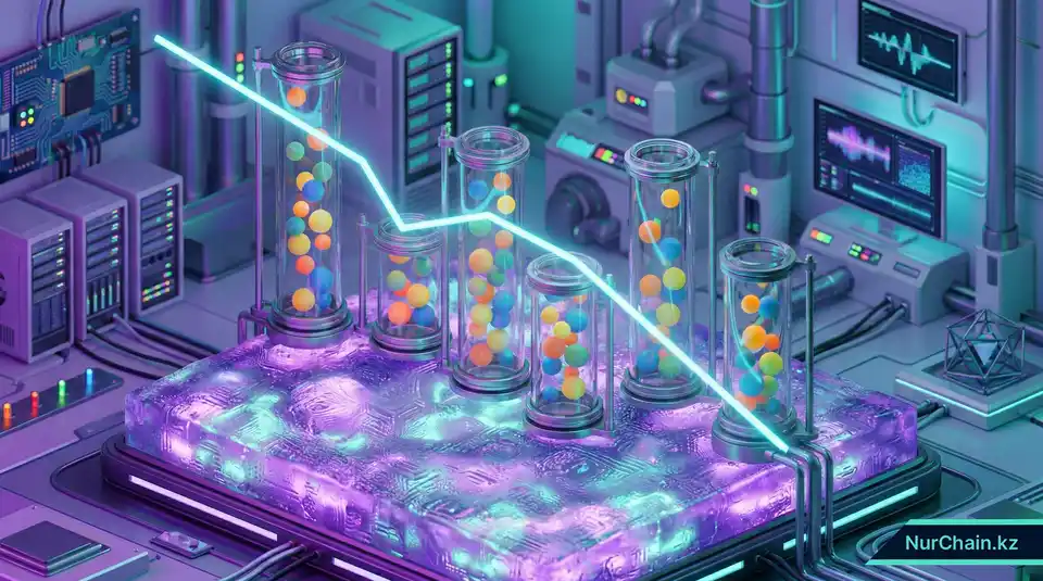 Изометрическая 3D-инфографика, иллюстрирующая составляющие стоимости минтинга в блокчейне и влияние обновления Dencun.