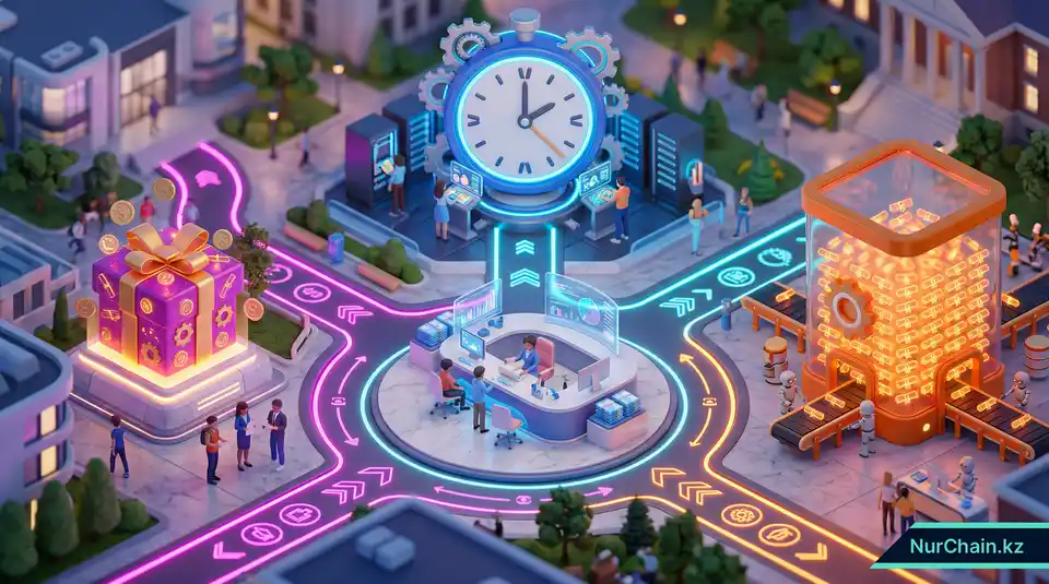 3D-пути, показывающие стратегические альтернативы финансирования NFT-дипломов, такие как пакетный минтинг и спонсорство.