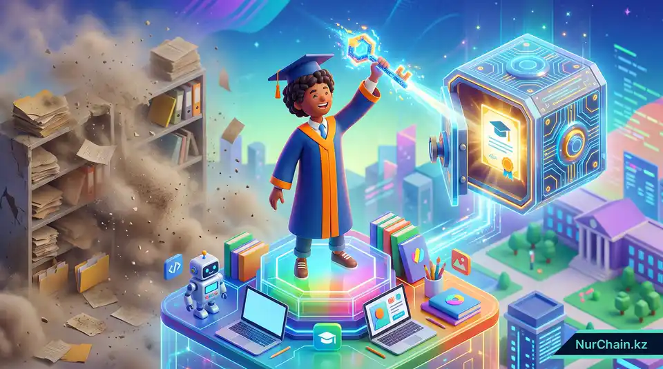 Персонаж-выпускник, держащий цифровой ключ от своего защищенного NFT-диплома, что символизирует право собственности на личные данные.