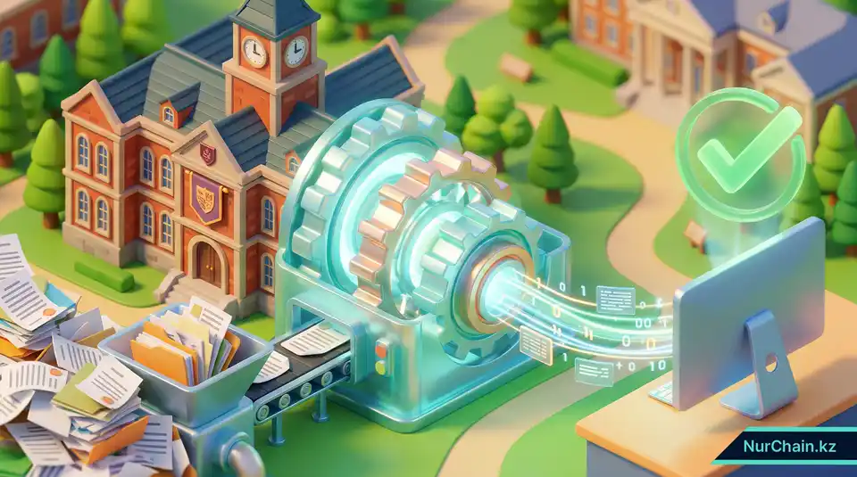 3D-визуализация университета, автоматизирующего проверку документов, демонстрирующая окупаемость инвестиций для учебного заведения.